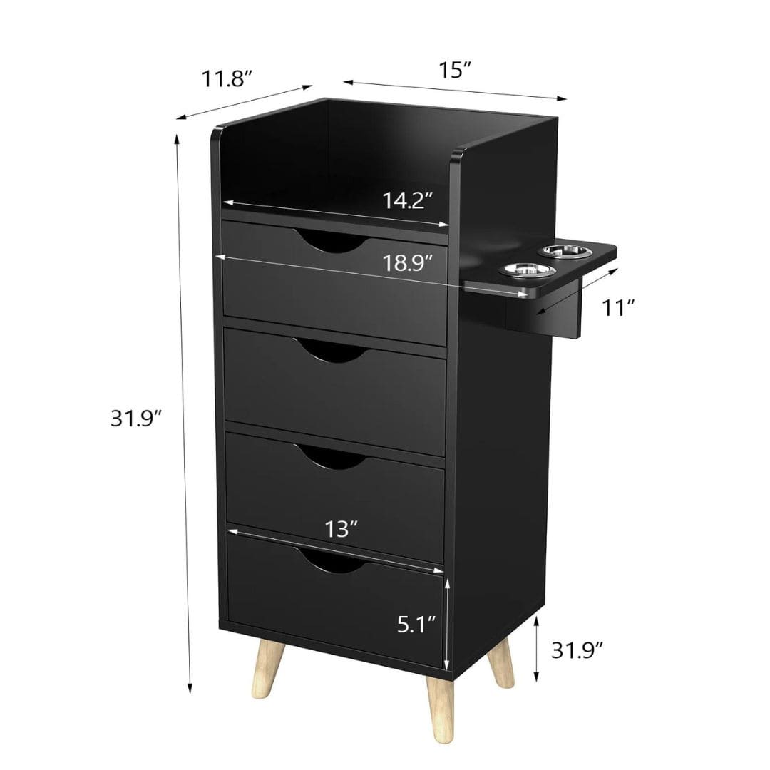 OmySalon 4-Layer Salon Storage Cabinet Beauty Barber Styling Station with 2 Hair Dryer Holders Black w/ Dimensions