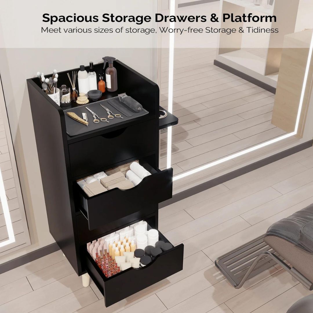 OmySalon 4-Layer Salon Storage Cabinet Beauty Barber Styling Station with 2 Hair Dryer Holders Drawers & Platform