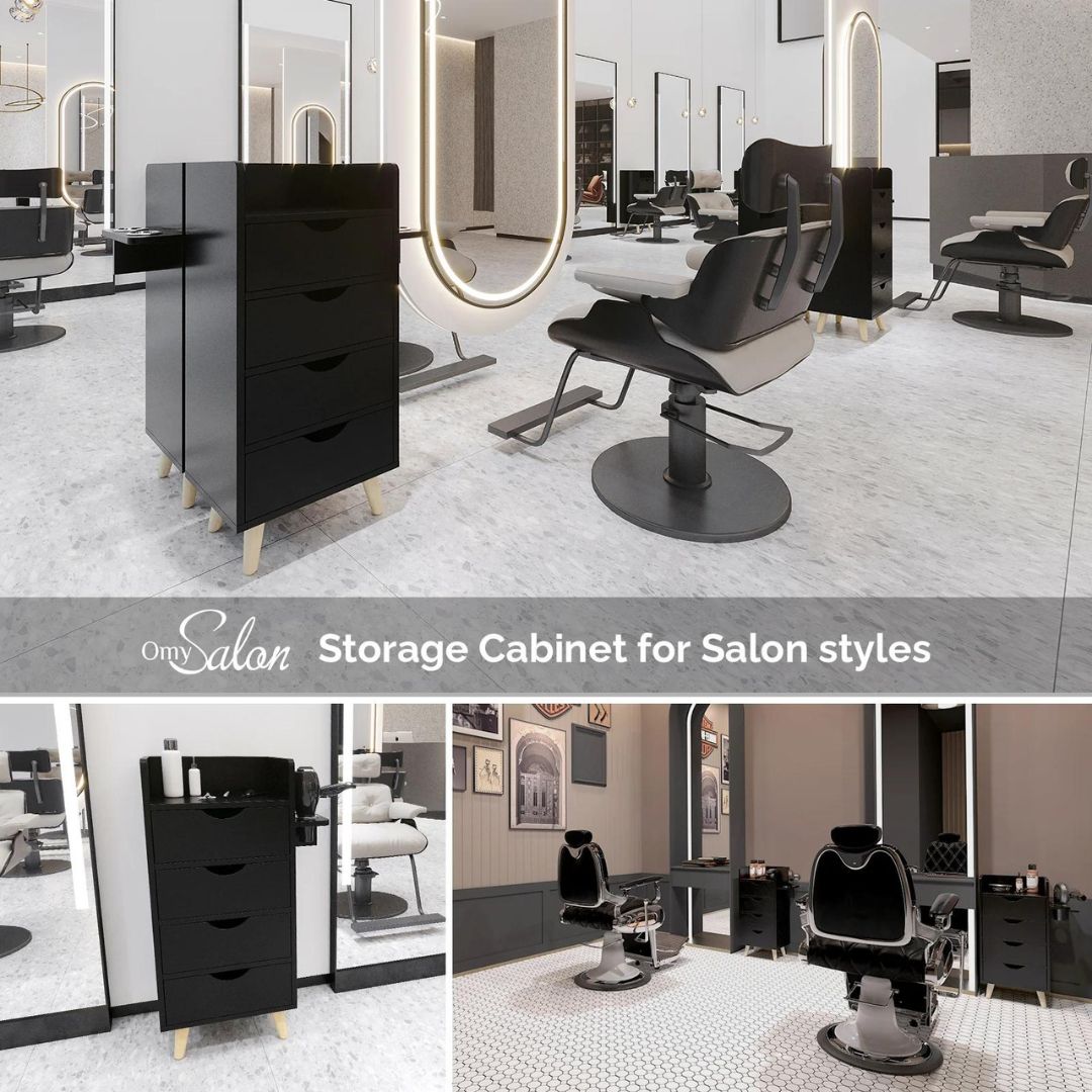 OmySalon 4-Layer Salon Storage Cabinet Beauty Barber Styling Station with 2 Hair Dryer Holders Storage Cabinet for Salon Styles