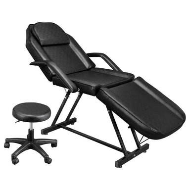 OmySalon 73in Facial Massage Bed Adjustable Spa Bed Tattoo Chair w/Barber Stool Black Front Left View