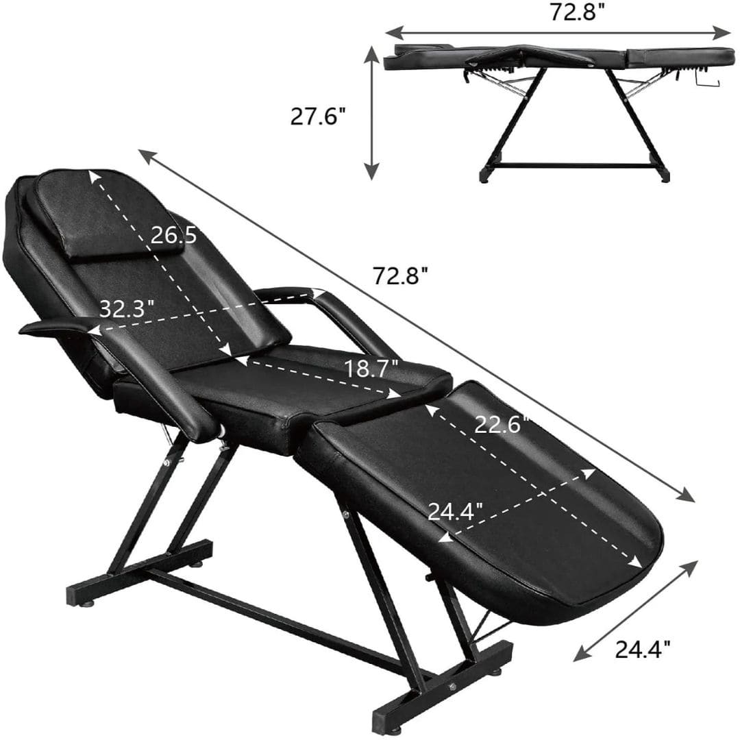 OmySalon 73in Facial Massage Bed Adjustable Spa Bed Tattoo Chair w/Barber Stool Black Image With Dimensions