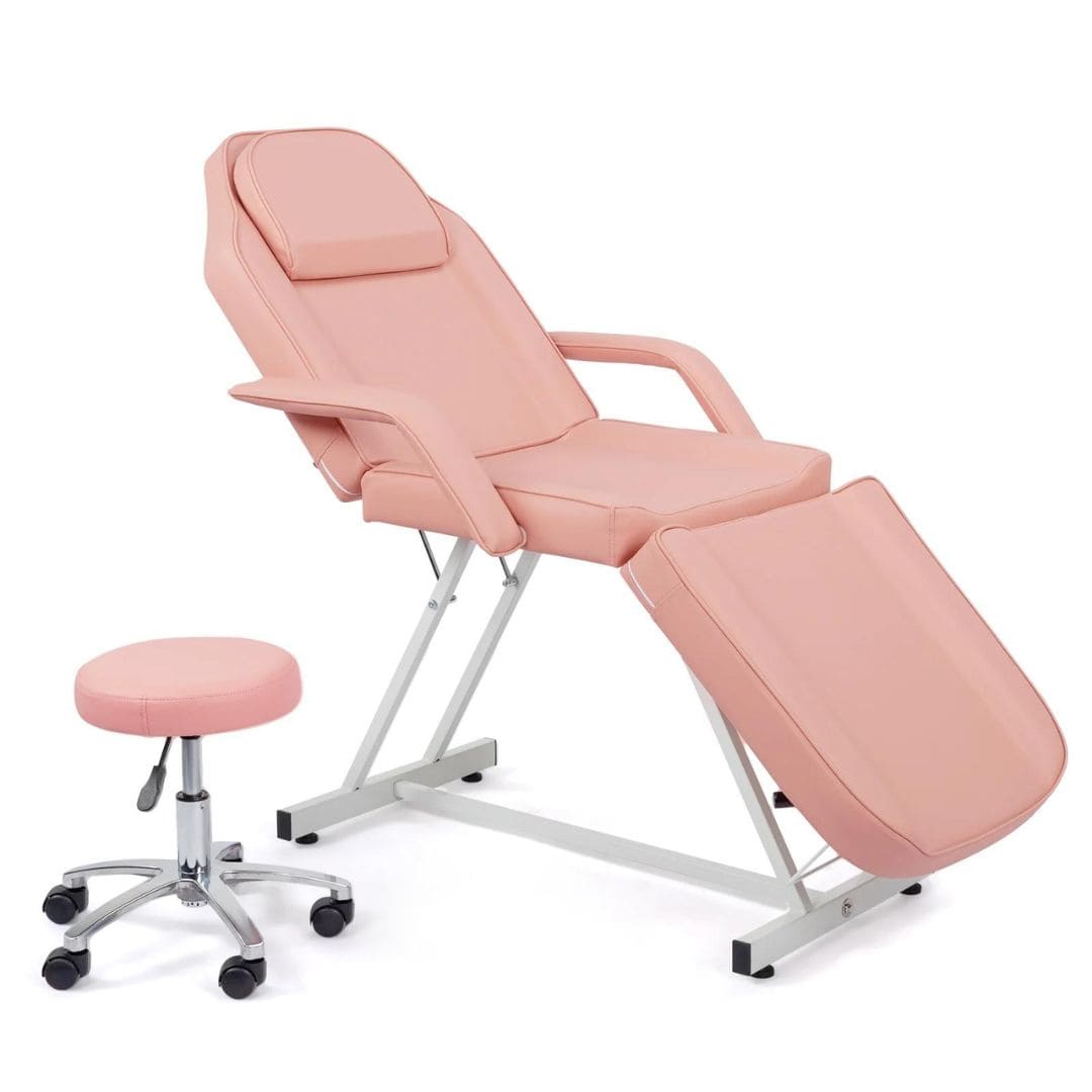 OmySalon 73in Facial Massage Bed Adjustable Spa Bed Tattoo Chair w/Barber Stool Pink Front Left View