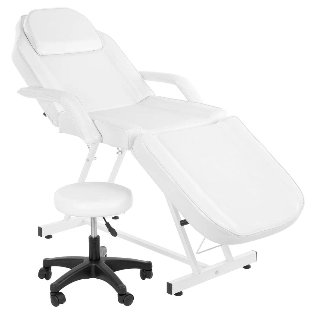 OmySalon 73in Facial Massage Bed Adjustable Spa Bed Tattoo Chair w/Barber Stool White Front Left View