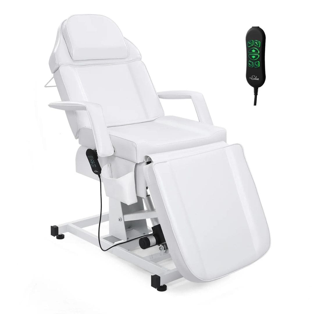 OmySalon 75in Fully Electric Facial Massage Bed Adjustable Esthetician Bed Tattoo Chair White Front Left View