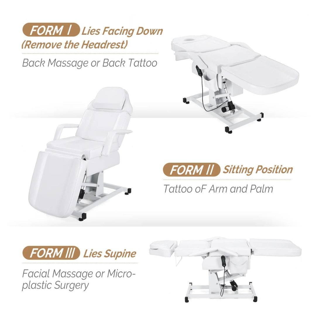 OmySalon 75in Fully Electric Facial Massage Bed Adjustable Esthetician Bed Tattoo Chair White Image of 3 Positions