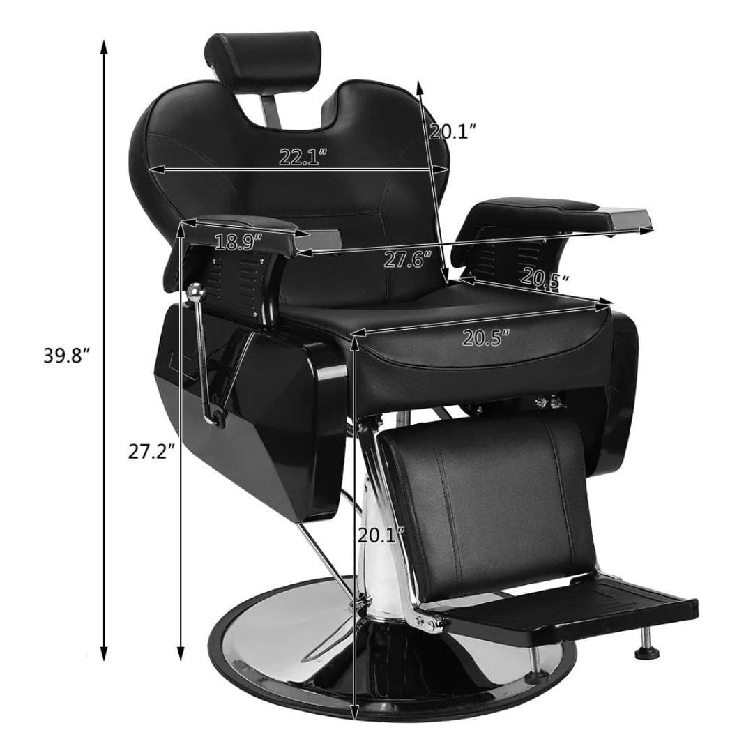 OmySalon Barber Chair Reclining Styling Chair Heavy Duty Salon Chair with 360 Degree Swivel Hydraulic Black Image with Dimensions