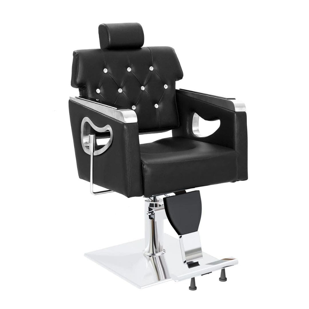 OmySalon Reclining Salon Chair Heavy Duty, Vintage Styling Chair for Hair Stylist Black Front Left View
