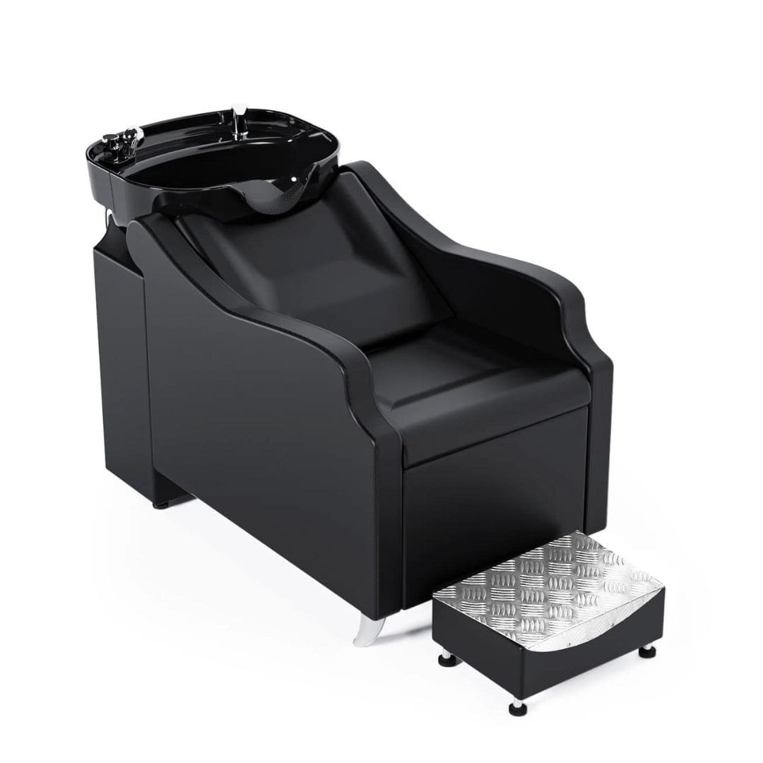 OmySalon Salon Shampoo Bowl and Chair Backwash Unit with Deep Ceramic Sink Freestanding Ottoman Black Front Left View