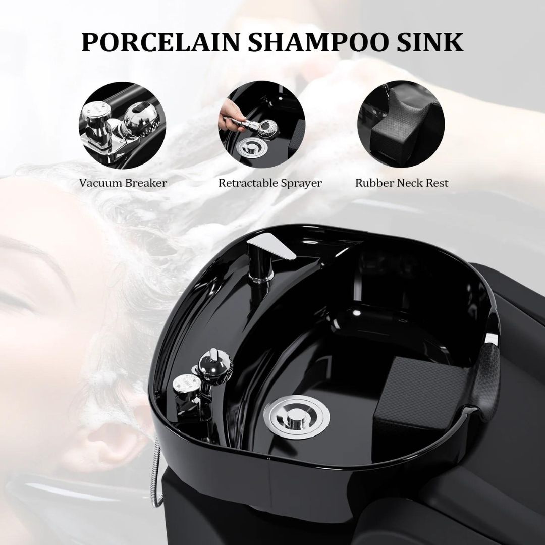 OmySalon Salon Shampoo Bowl and Chair Backwash Unit with Deep Ceramic Sink Freestanding Ottoman Black Porcelain Shampoo Sink