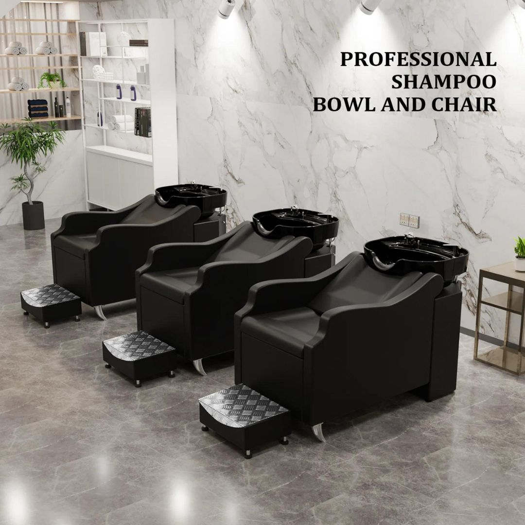 OmySalon Salon Shampoo Bowl and Chair Backwash Unit with Deep Ceramic Sink Freestanding Ottoman Black Professional Shampoo Bowl and Chair