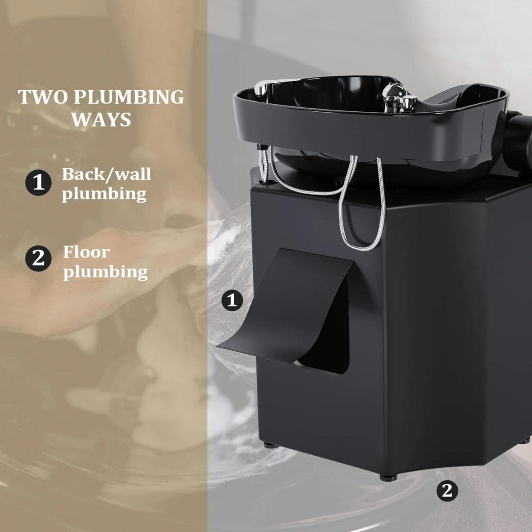 OmySalon Salon Shampoo Bowl and Chair Backwash Unit with Deep Ceramic Sink Freestanding Ottoman Black Two Plumbing Ways