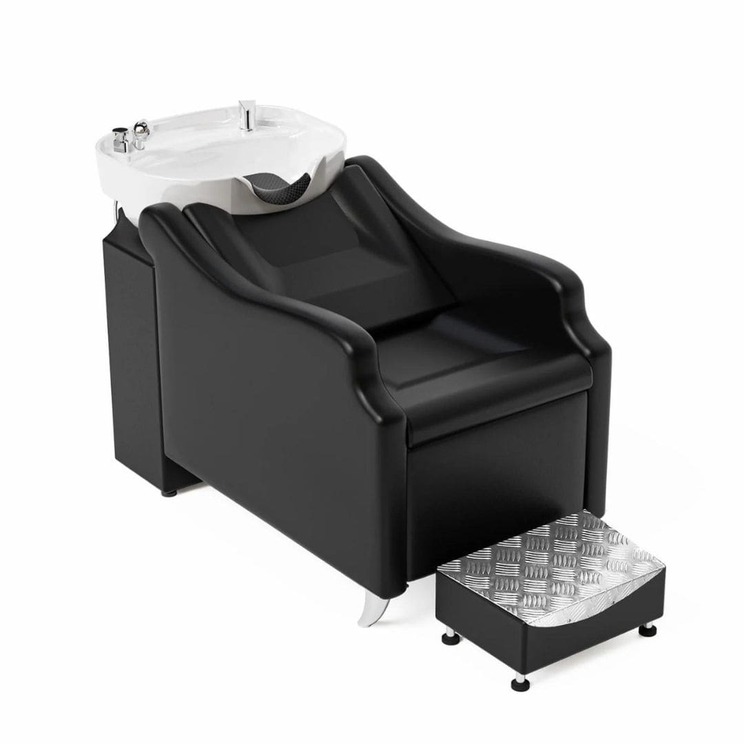 OmySalon Salon Shampoo Bowl and Chair Backwash Unit with Deep Ceramic Sink Freestanding Ottoman Black White Bowl Front Left View