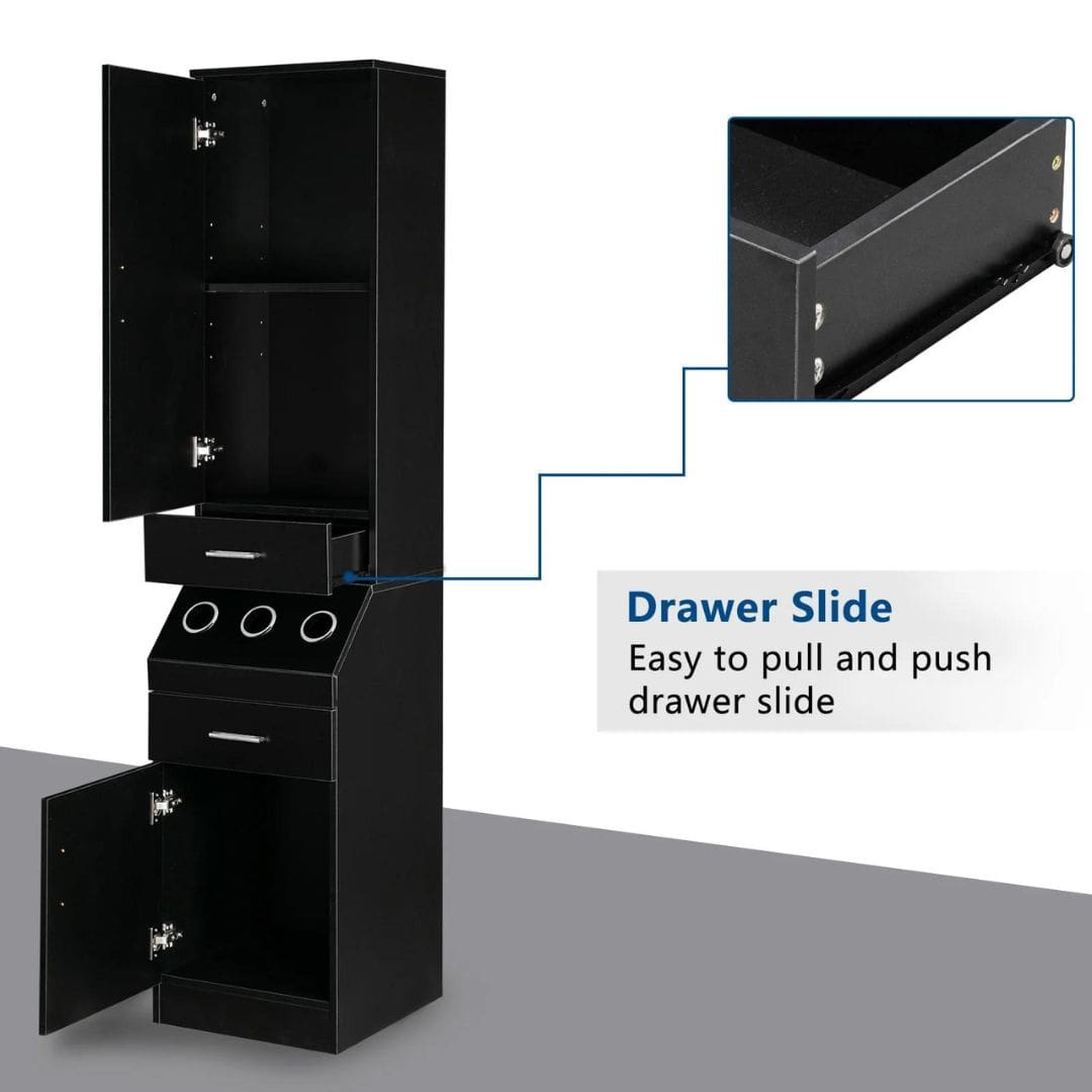 OmySalon Wall Mount Salon Barber Station 2-Tier Storage Shelf w/ Door 2 Drawer 1 Storage Cabinet 3 Hot Tool Holders