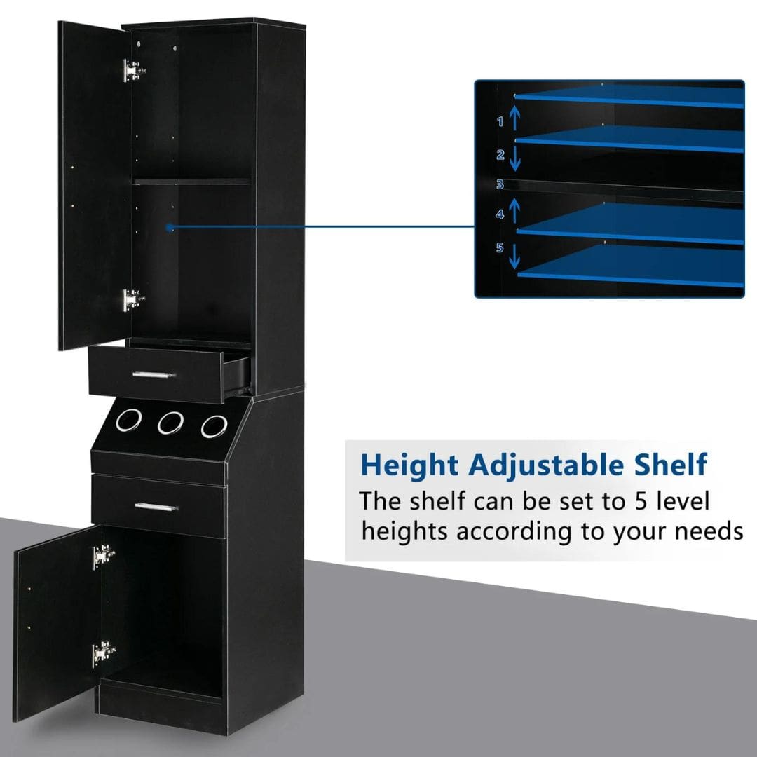 OmySalon Wall Mount Salon Barber Station 2-Tier Storage Shelf w/ Door 2 Drawer 1 Storage Cabinet 3 Hot Tool Holders