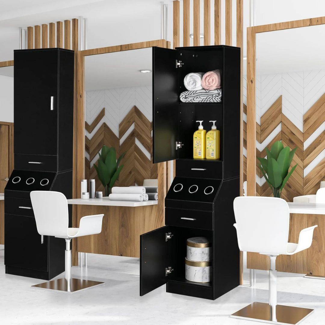 OmySalon Wall Mount Salon Barber Station 2-Tier Storage Shelf w/ Door 2 Drawer 1 Storage Cabinet 3 Hot Tool Holders