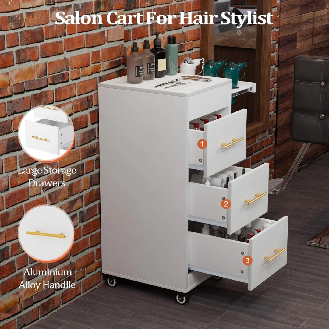 OmySalon Wooden Salon Trolley Cart Hairdresser Mobile Storage Cabinet with Wheels Salon Cart For Hair Stylist