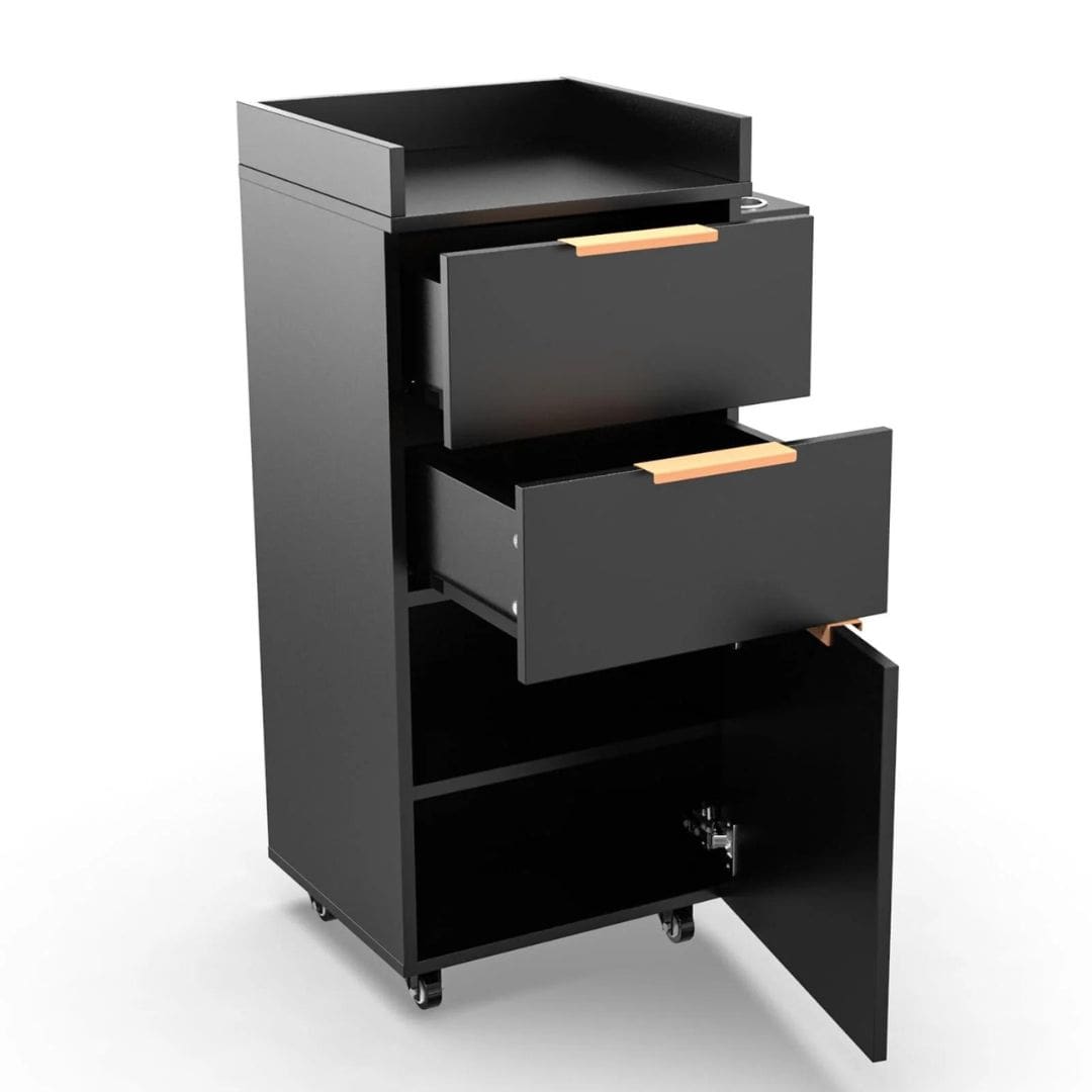 OmySalon Wooden Salon Trolley Cart with Wheels 2 Drawers and 1 Storage Cabinet Black Front Left View